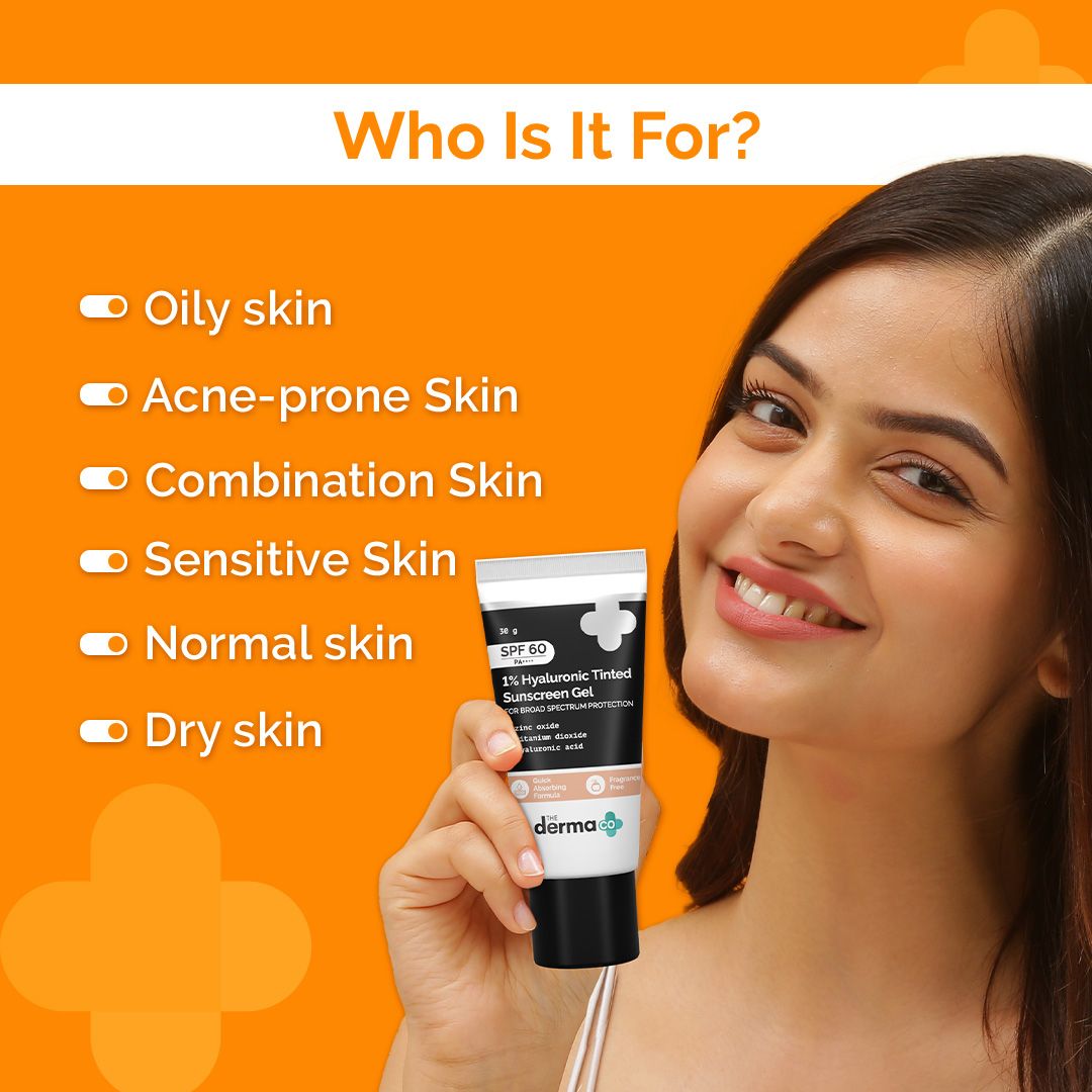 1% Hyaluronic Tinted Sunscreen Gel with SPF 60 & PA++++ for Broad Spectrum Protection - 30g