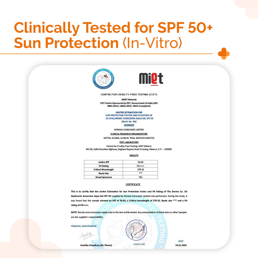 1% Hyaluronic Sunscreen Aqua Gel In Vivo Tested (ISO 24444:2019 Certified, CTRI/2025/02/080287) with SPF 50 & PA++++ - 50g